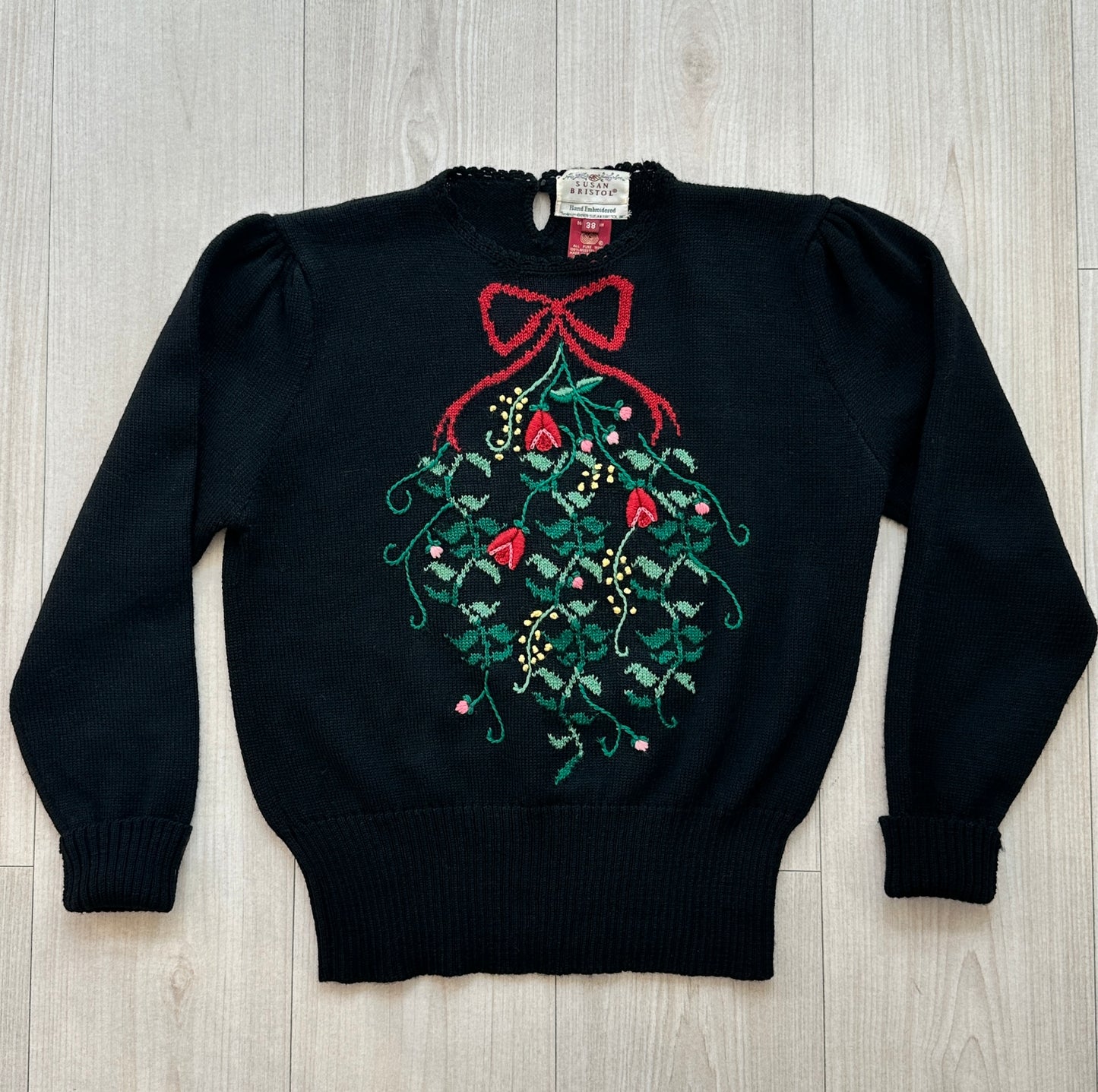 80s Hand Embroidered Bow and Greenery Sweater Susan Bristol