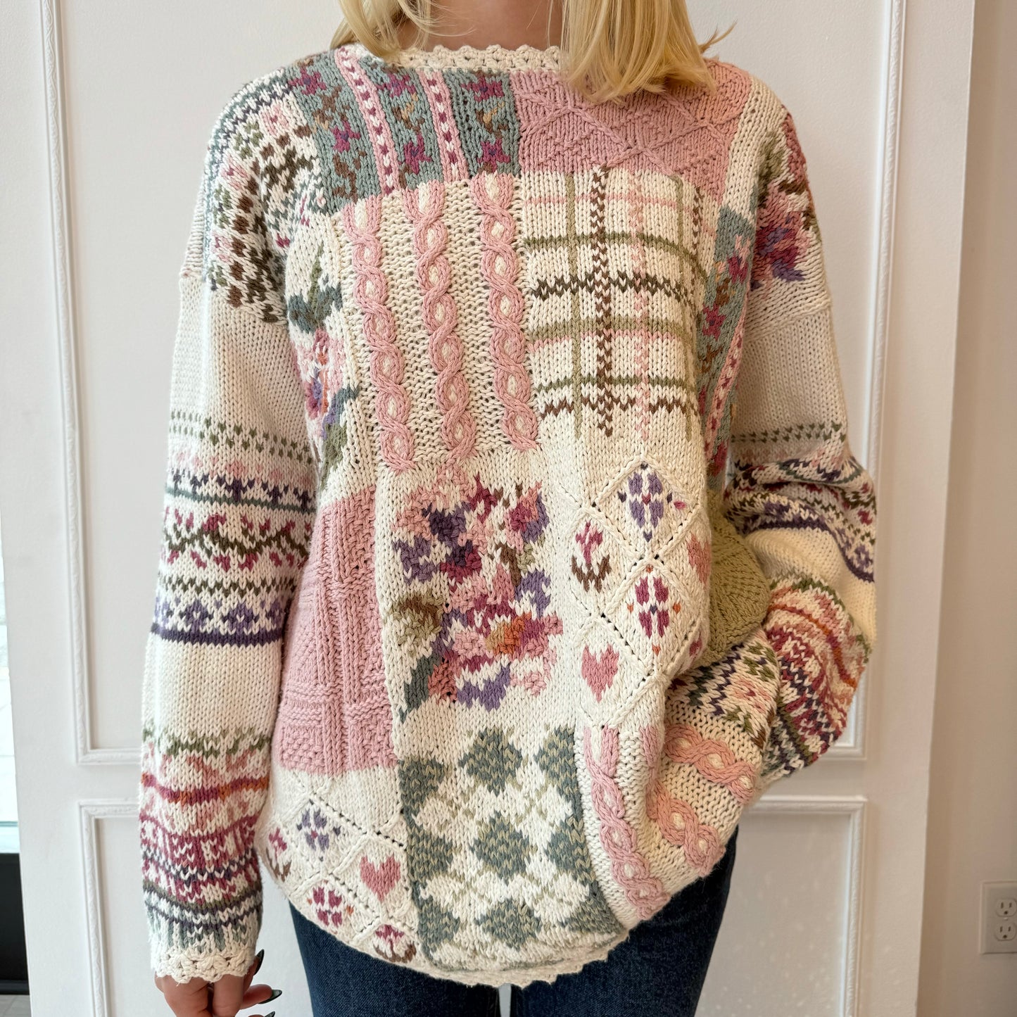 Pastel Patchwork Quilt Sweater 90s