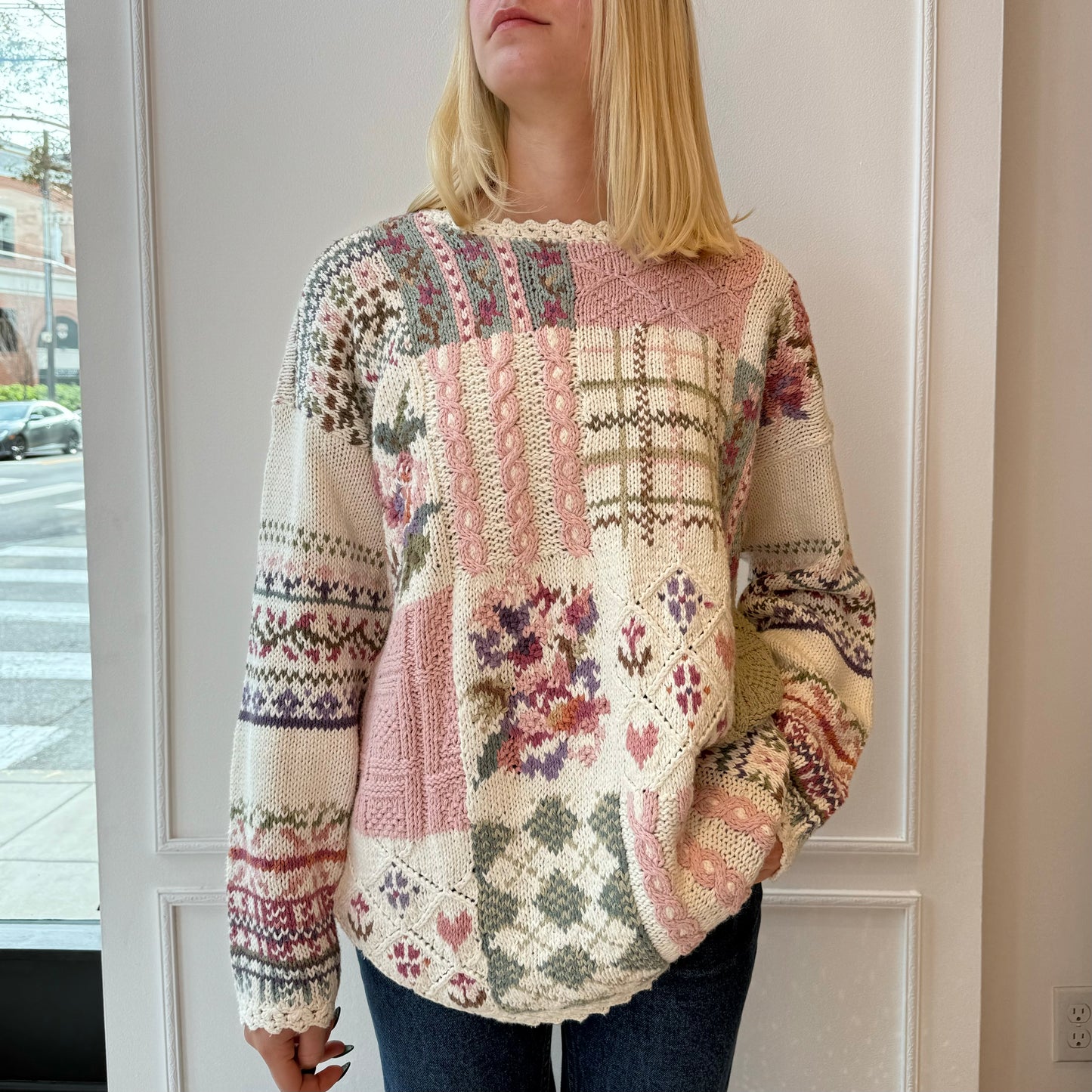 Pastel Patchwork Quilt Sweater 90s