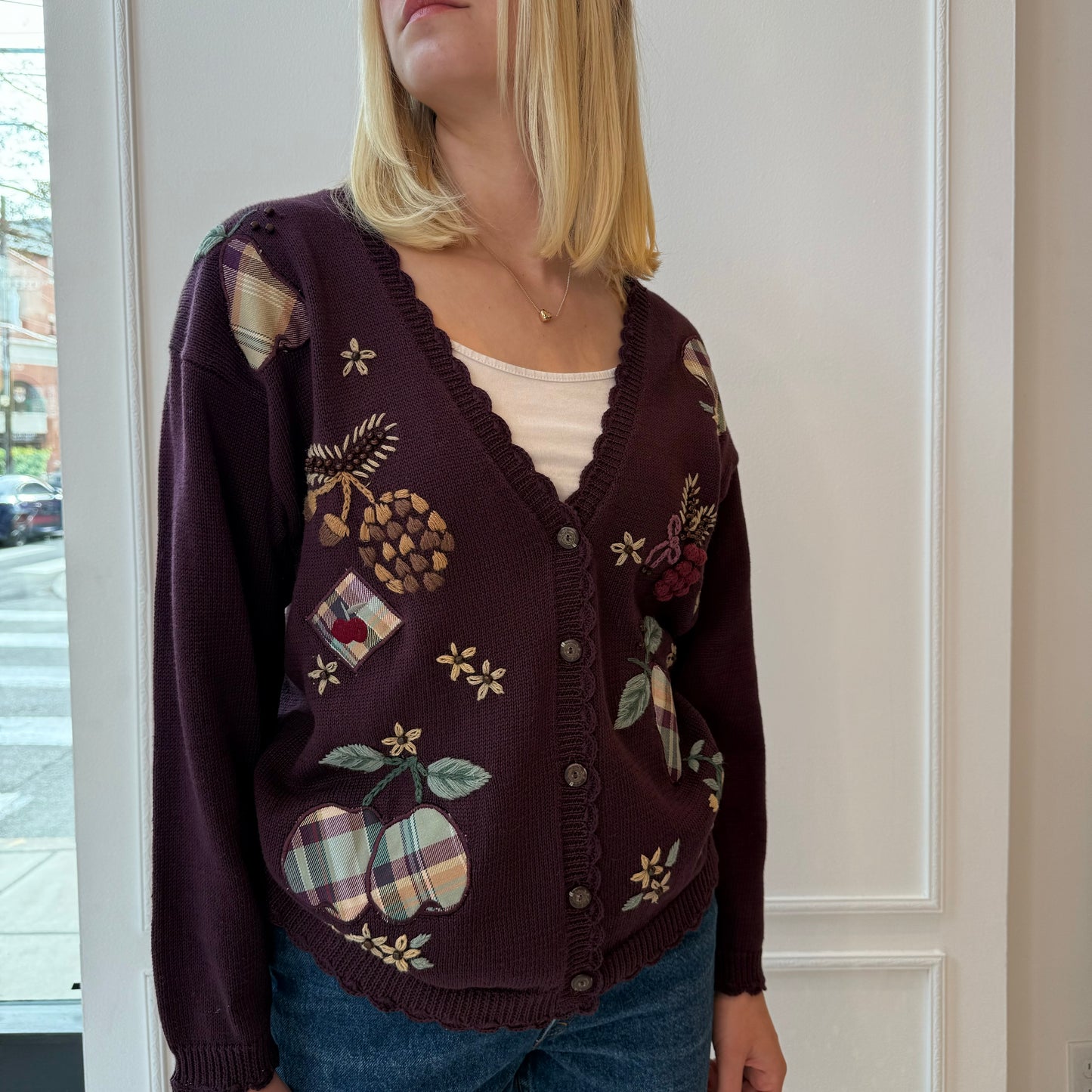 Eggplant Purple Fruit and Pinecone Cardigan 90s
