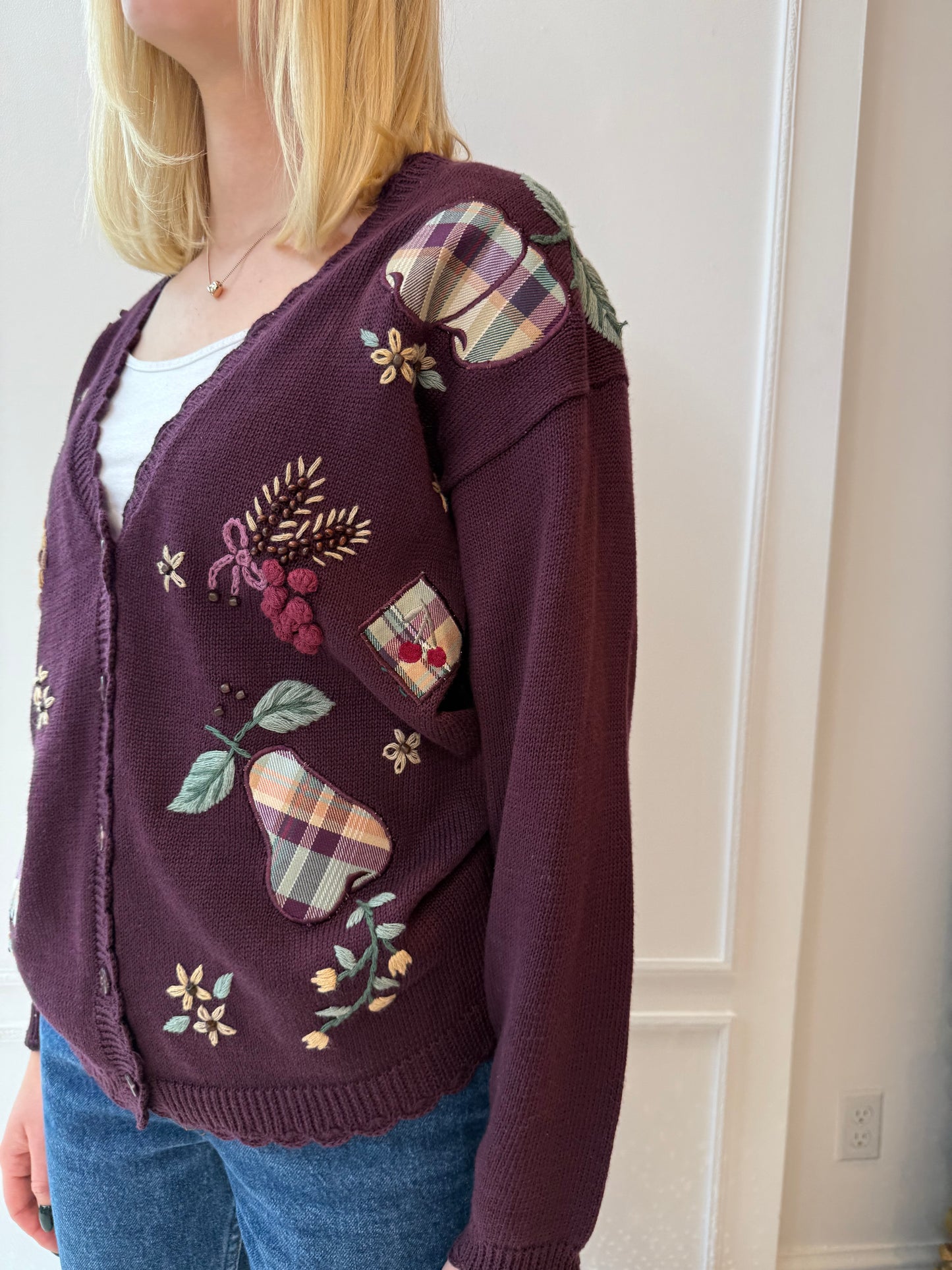 Eggplant Purple Fruit and Pinecone Cardigan 90s
