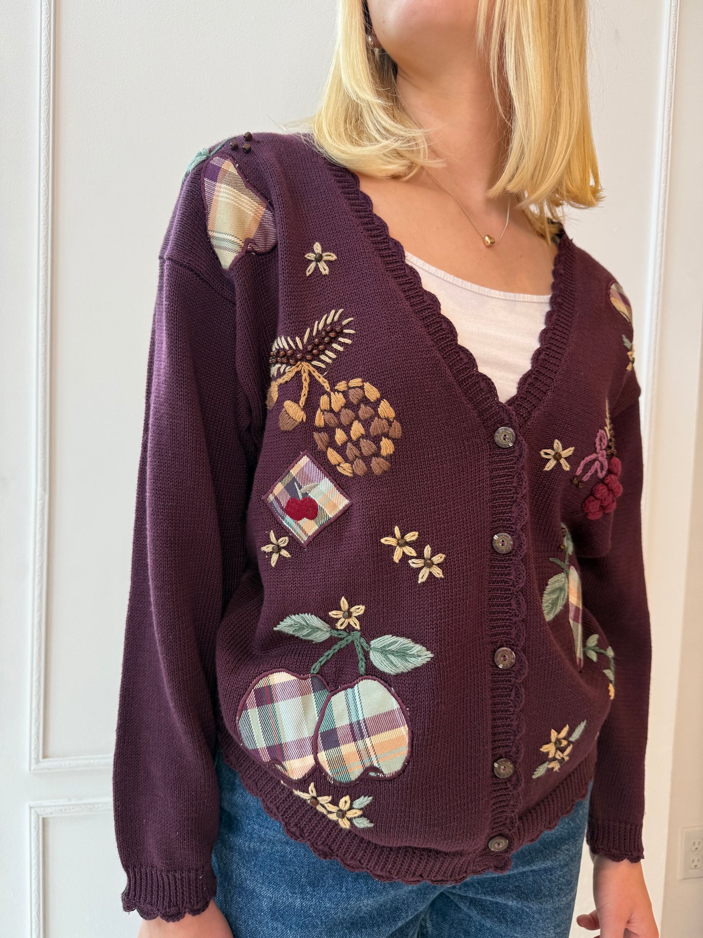 Eggplant Purple Fruit and Pinecone Cardigan 90s