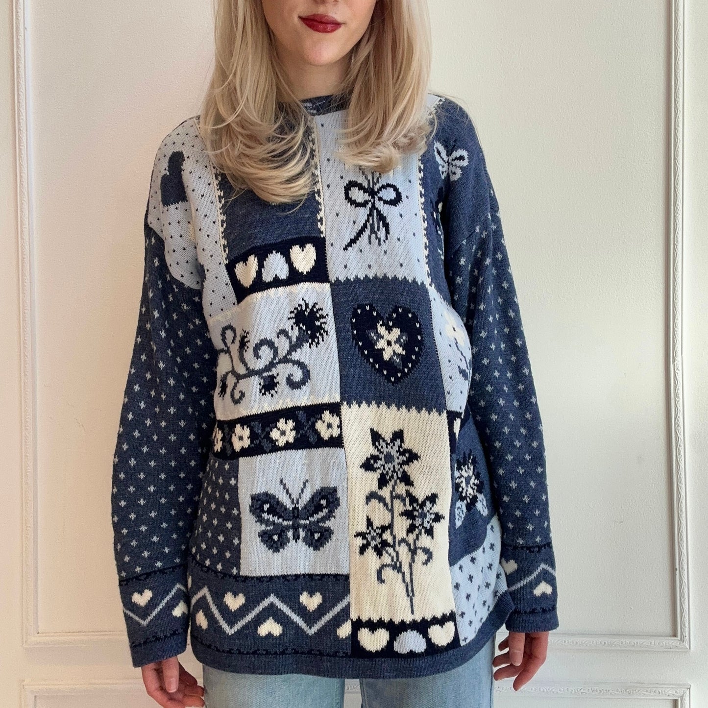 90s Patchwork Sweater Blue Butterflies, Floral, Hearts