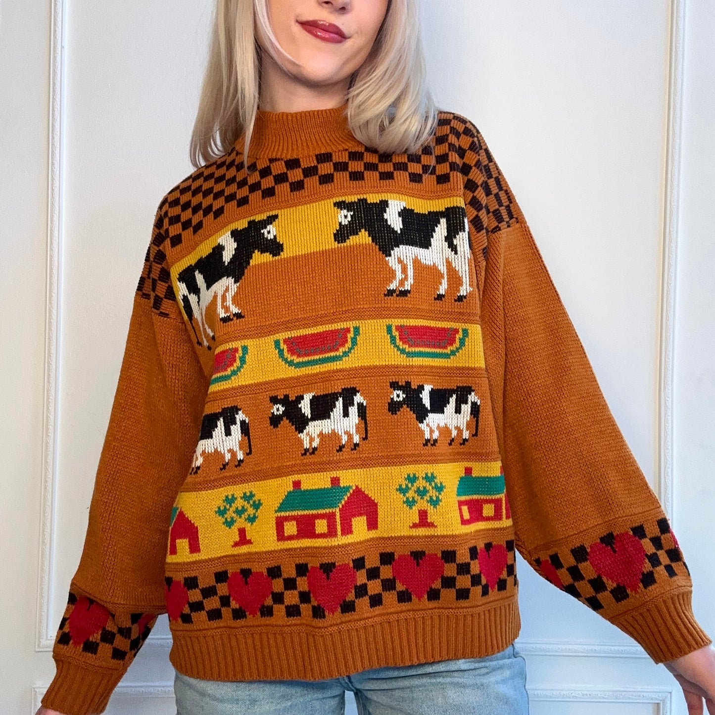 90s Cow Heart Country Farm Sweater