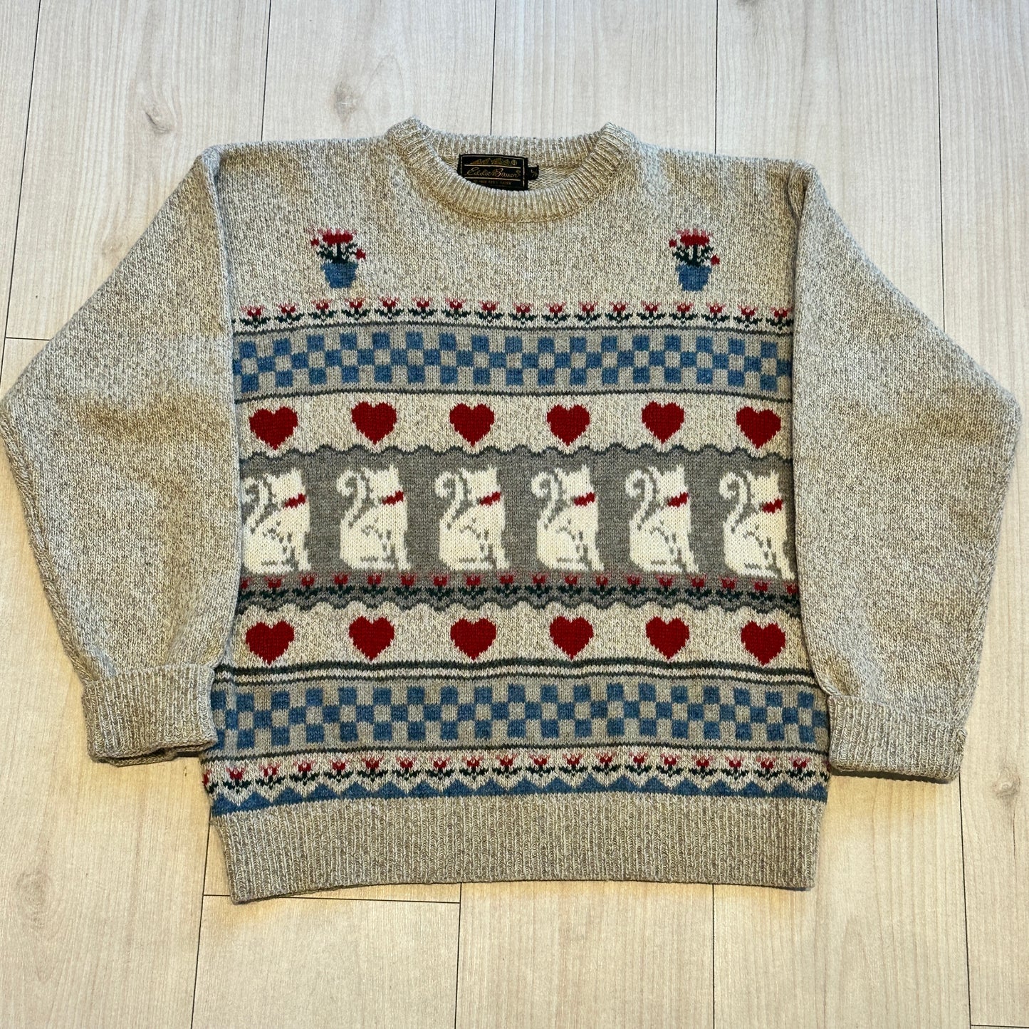 80s Eddie Bauer Cat Hearts Flowers Checkerboard Sweater