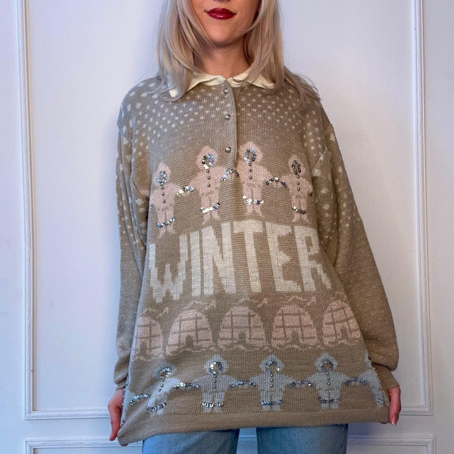 80s Winter Theme Apres Ski Sweater Tan Pastels