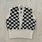 80s Handknit Checkerboard Wrap Vest Black White