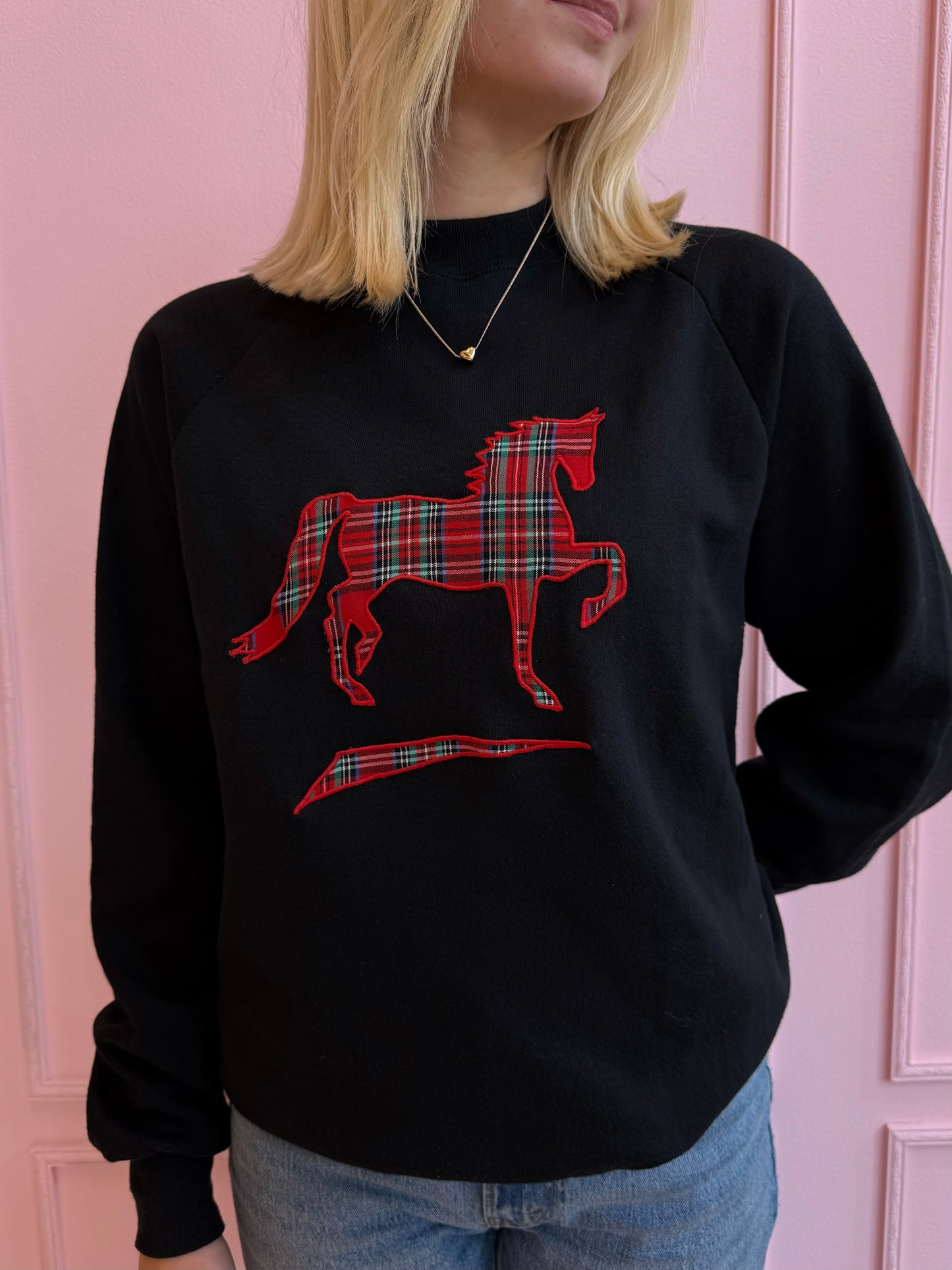 Plaid Horse Crewneck Sweatshirt 90s