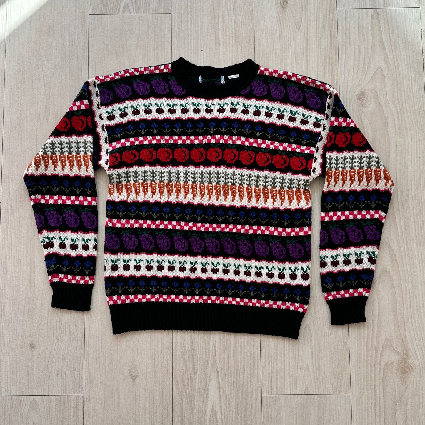 80s Fruit and Vegetable Fair Isle Sweater Peaches, Eggplants, Carrots, Floral