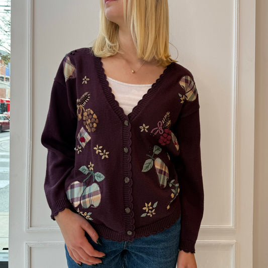 Eggplant Purple Fruit and Pinecone Cardigan 90s