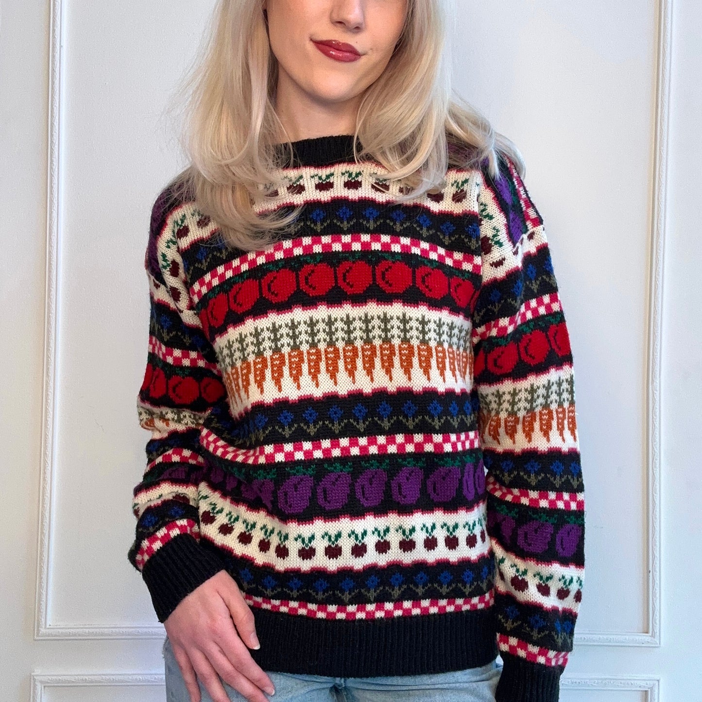 80s Fruit and Vegetable Fair Isle Sweater Peaches, Eggplants, Carrots, Floral