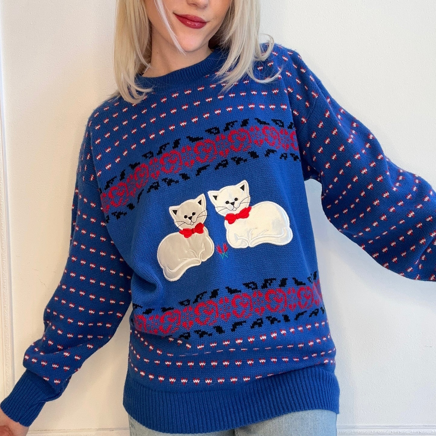 80s Cat Sweater Deadstock New With Tags Blue Red