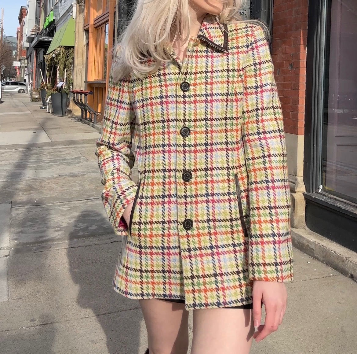 Y2K Coach Tattersall Hampton Tweed 100% Wool Pea Coat size XS