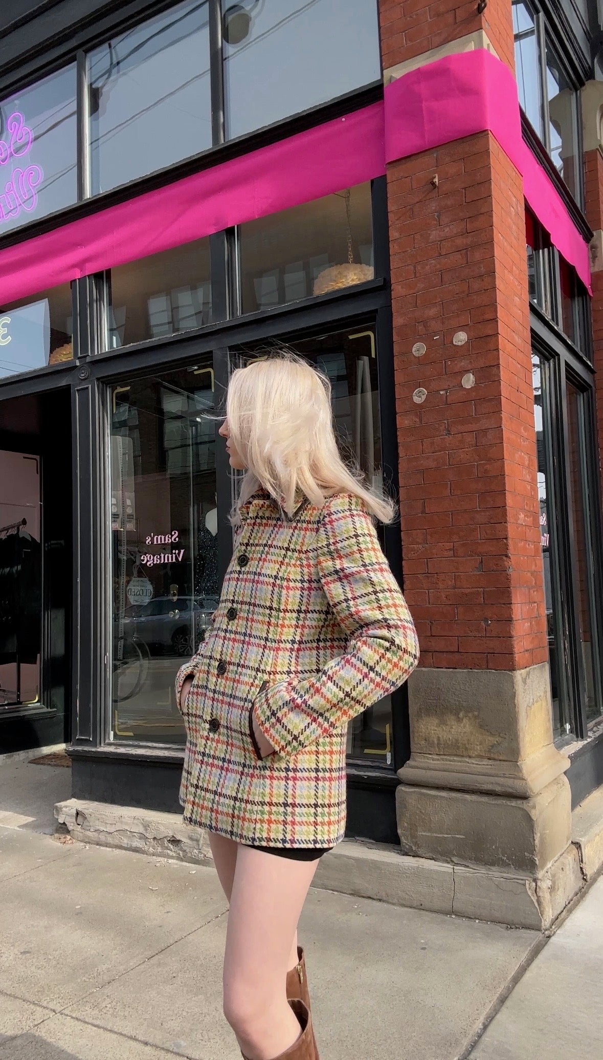 Y2K Coach Tattersall Hampton Tweed 100% Wool Pea Coat size XS