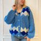 Blue Balloon Sleeve Argyle Diamond Cardigan 80s