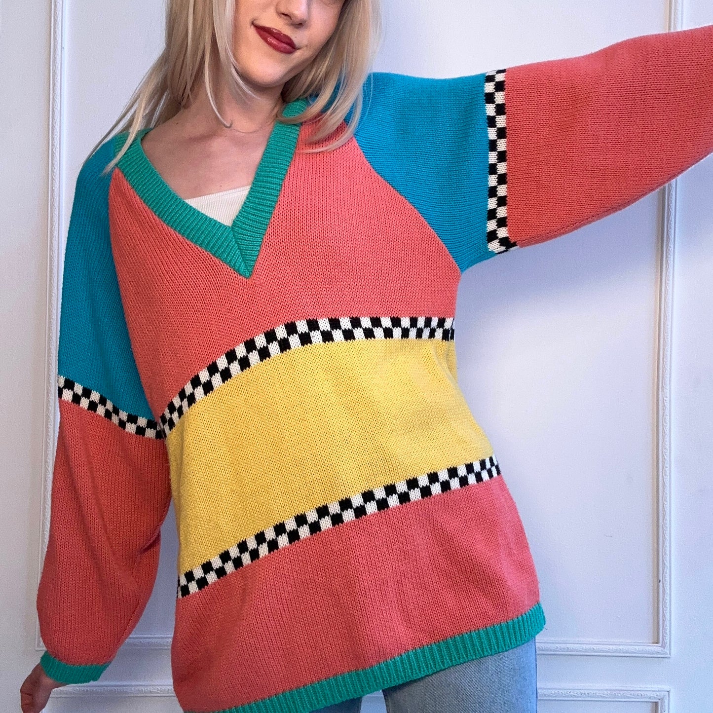 80s Checkerboard Colorblock Sweater