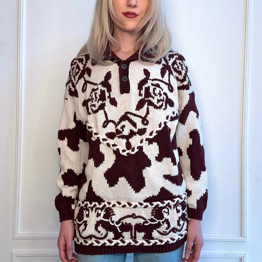 80s/90s Western Cow, Floral, Horse Print Sweater Brown & White