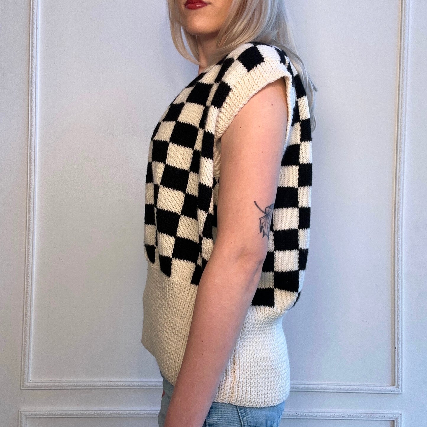 80s Handknit Checkerboard Wrap Vest Black White