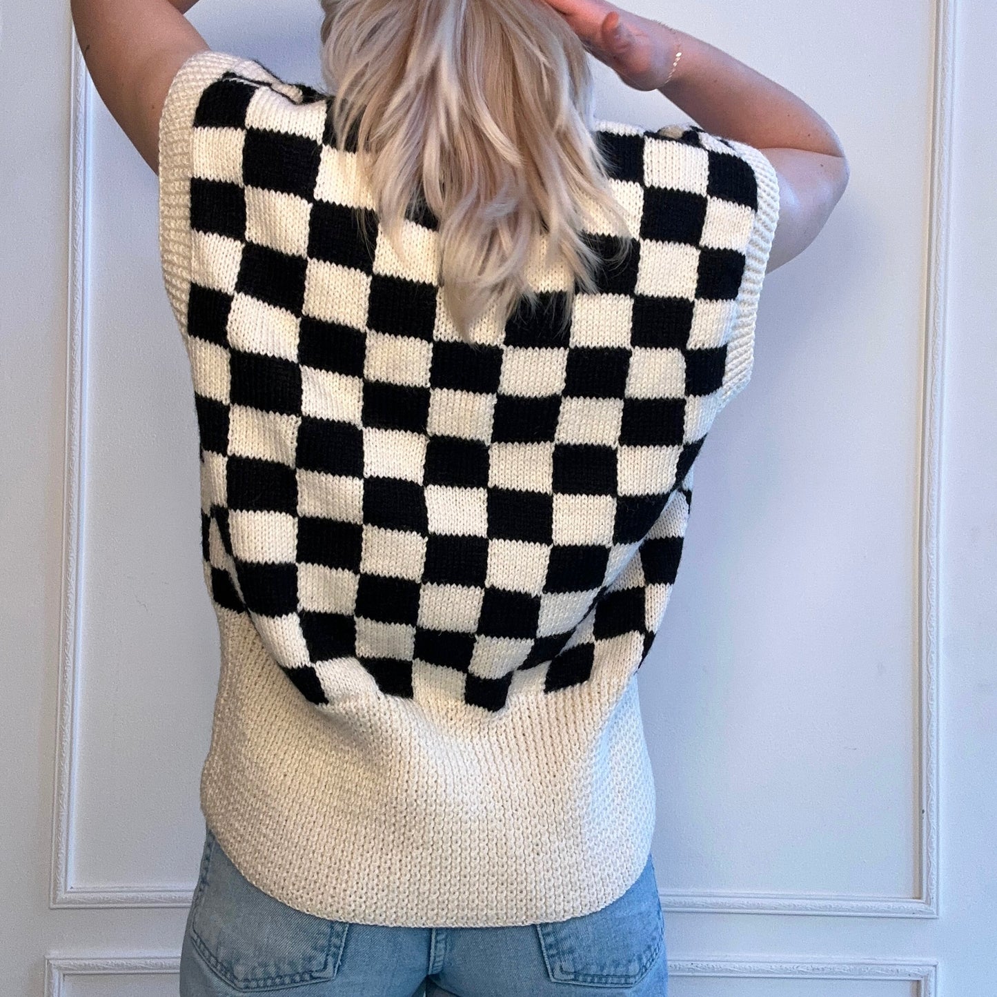 80s Handknit Checkerboard Wrap Vest Black White