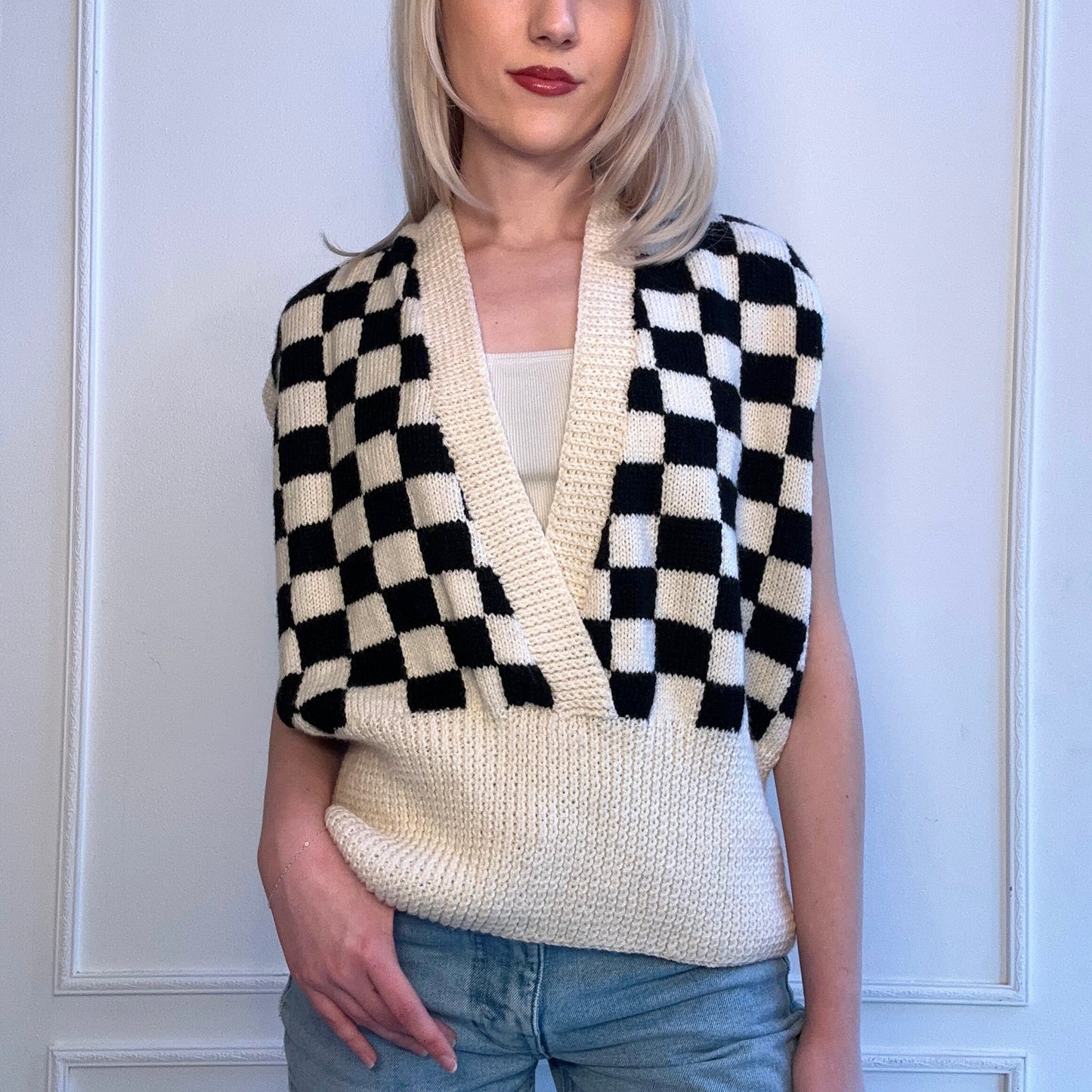 80s Handknit Checkerboard Wrap Vest Black White