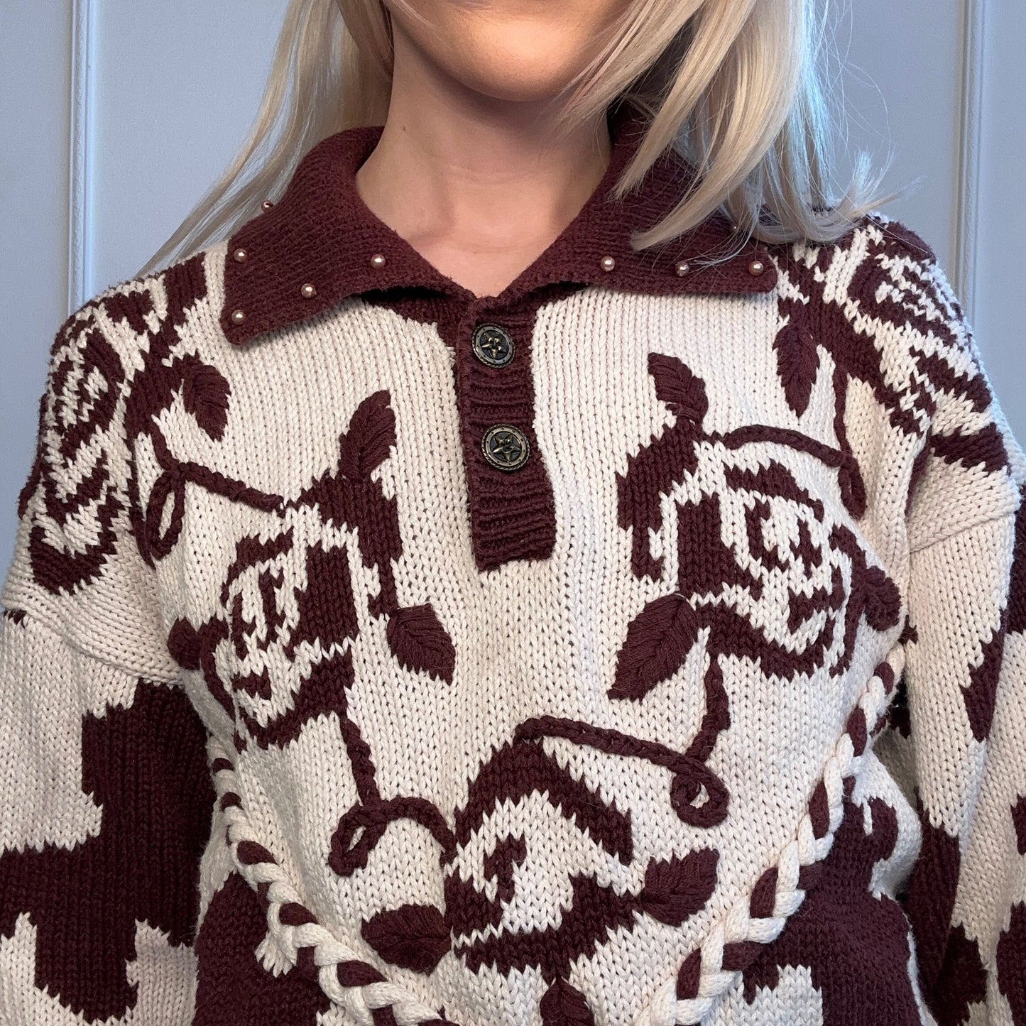 80s/90s Western Cow, Floral, Horse Print Sweater Brown & White