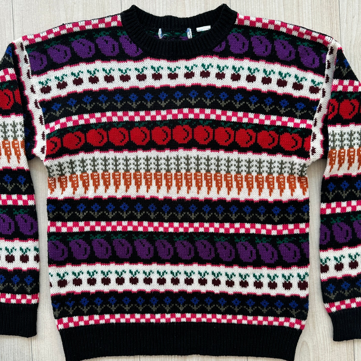 80s Fruit and Vegetable Fair Isle Sweater Peaches, Eggplants, Carrots, Floral
