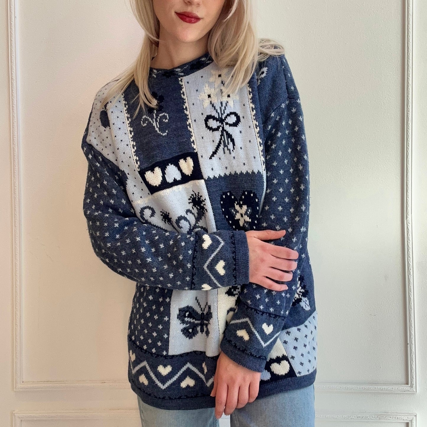 90s Patchwork Sweater Blue Butterflies, Floral, Hearts