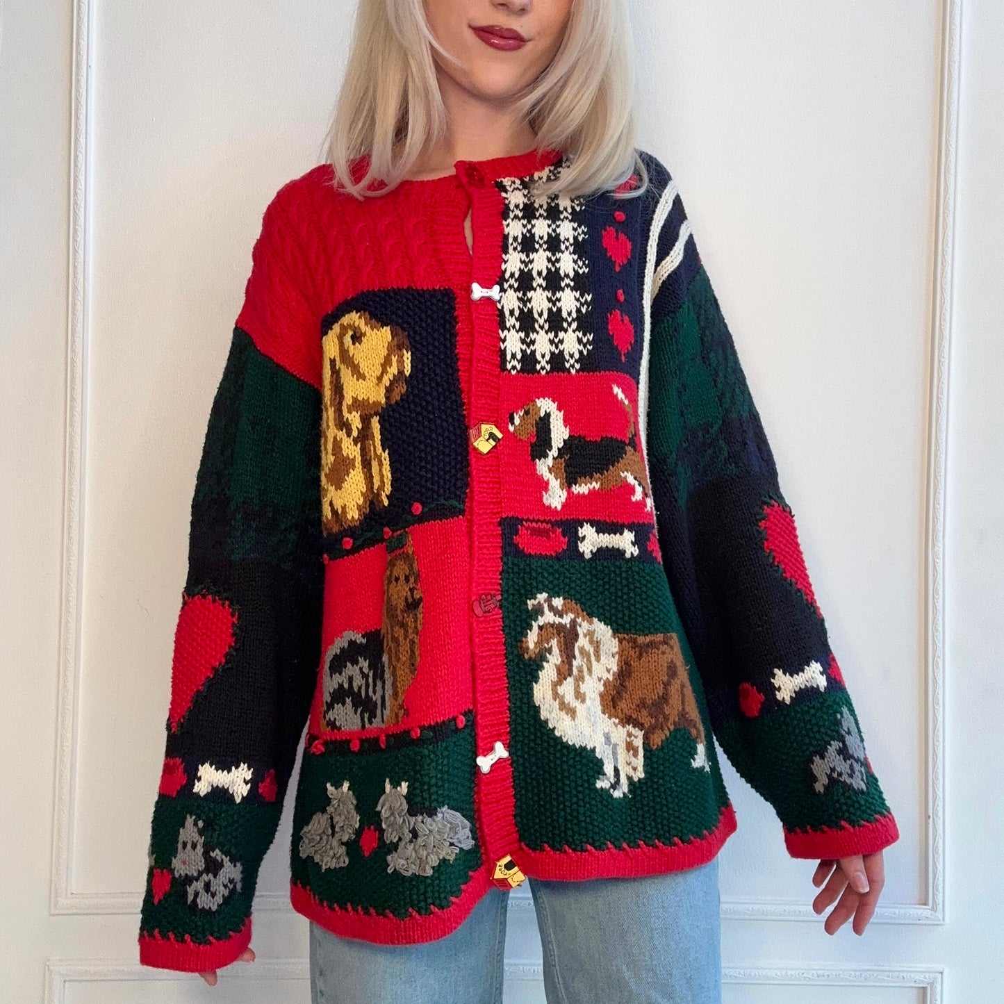 90s Eagle's Eye Dog Cardigan Beagle Collie Yorkie Schnauzer Novelty Buttons