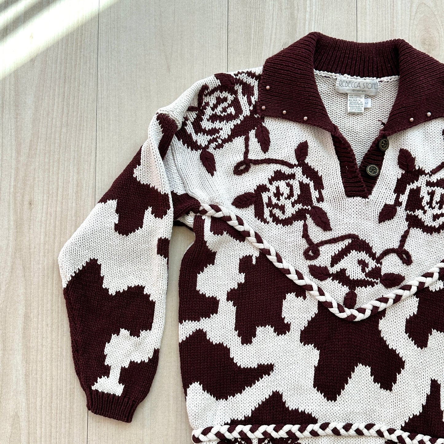80s/90s Western Cow, Floral, Horse Print Sweater Brown & White