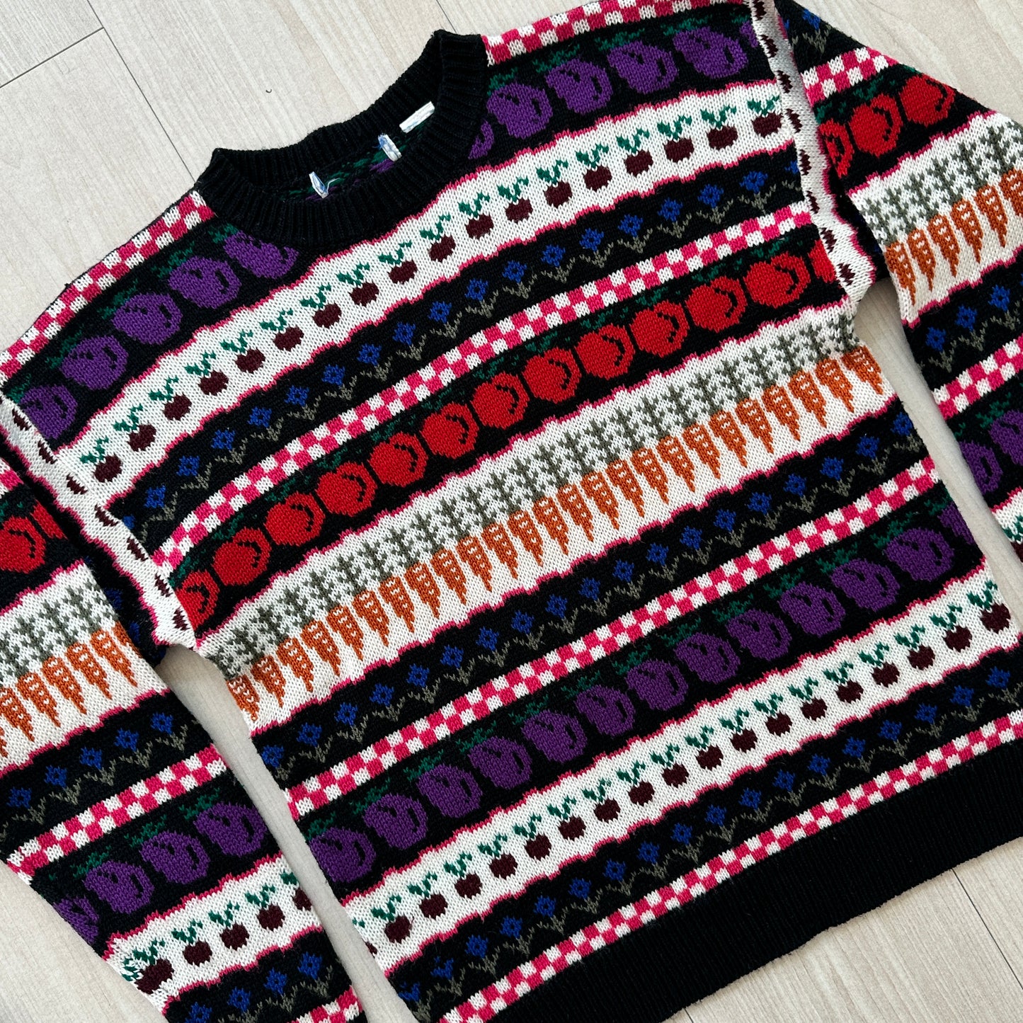 80s Fruit and Vegetable Fair Isle Sweater Peaches, Eggplants, Carrots, Floral