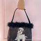 y2k dog purse with feather and rhinestone embellishment