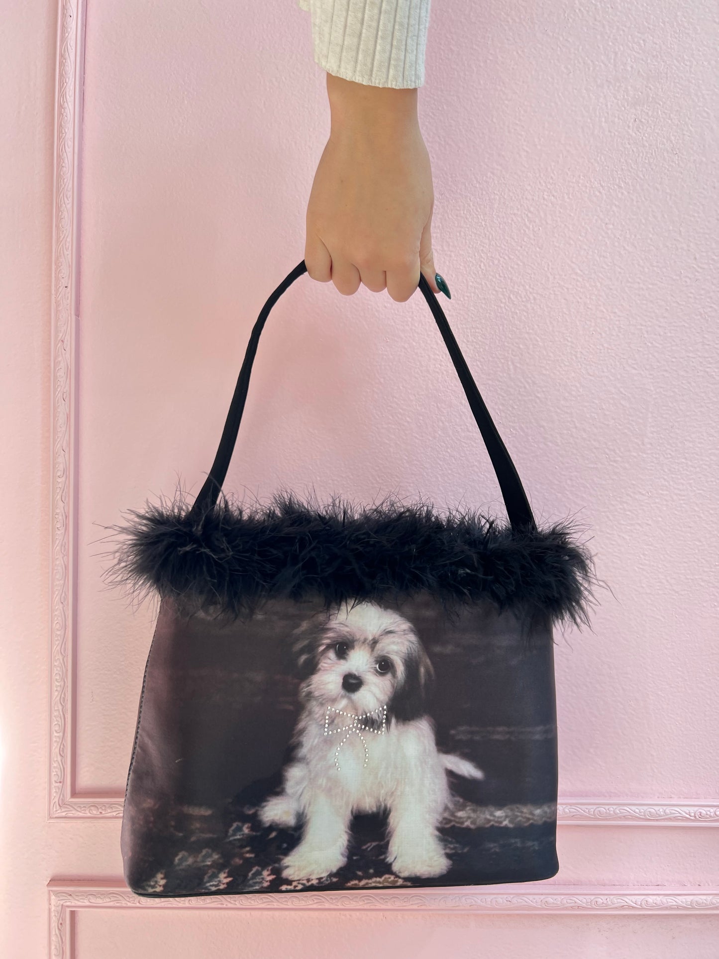 y2k dog purse with feather and rhinestone embellishment