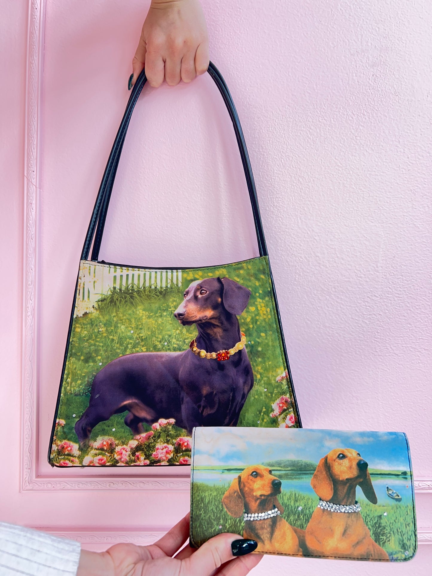 y2k dachshund purse & wallet set with rhinestone embellishment