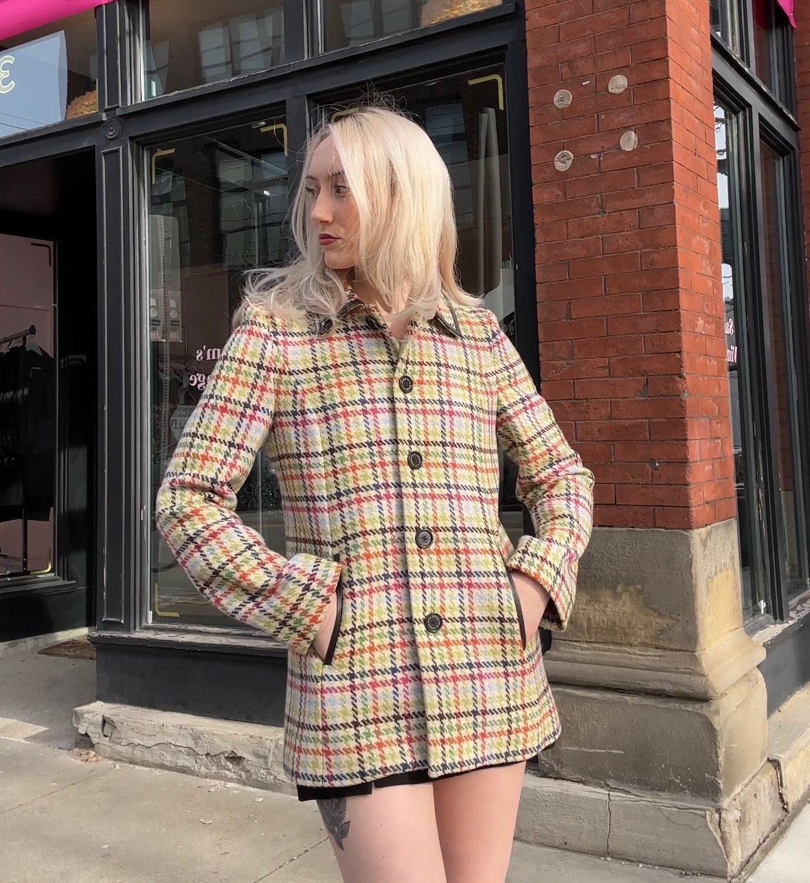 Y2K Coach Tattersall Hampton Tweed 100% Wool Pea Coat size XS