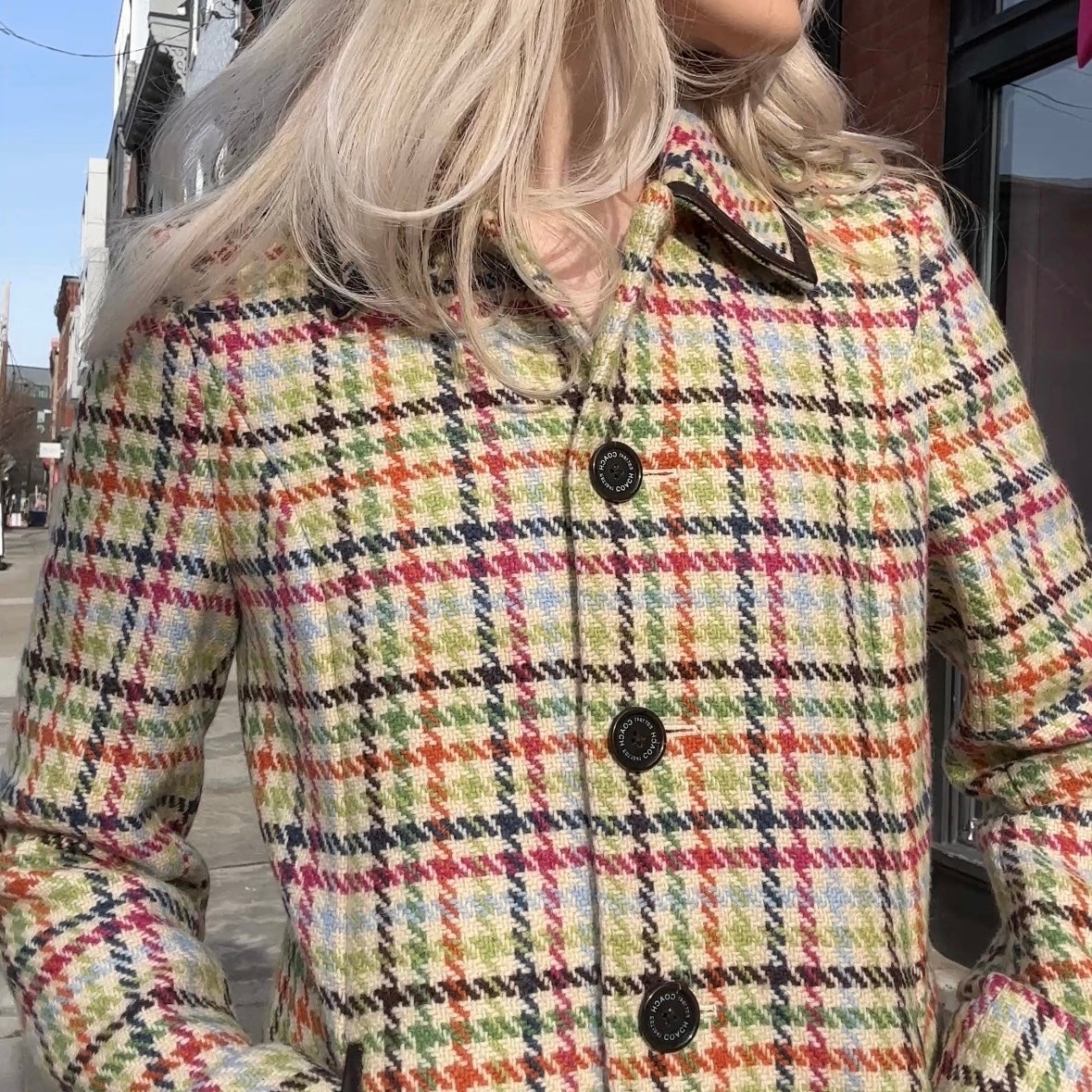 Y2K Coach Tattersall Hampton Tweed 100% Wool Pea Coat size XS