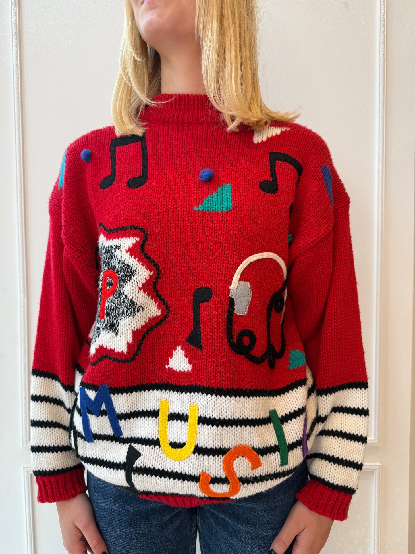 Music Themed Sweater 3D Accents 80s