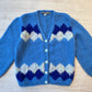 Blue Balloon Sleeve Argyle Diamond Cardigan 80s