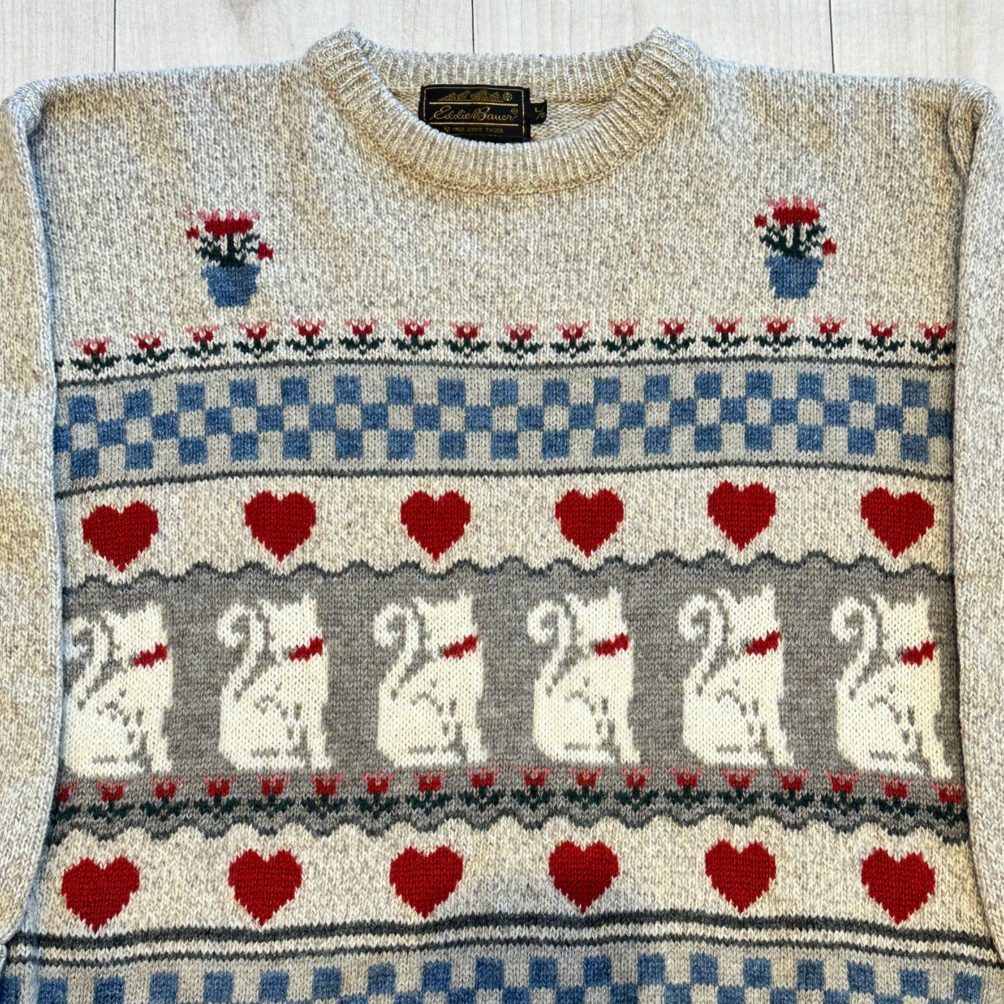 80s Eddie Bauer Cat Hearts Flowers Checkerboard Sweater