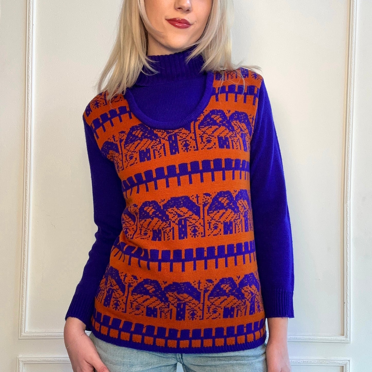 60s - 70s Mushroom Sweater Faux Vest Turtleneck