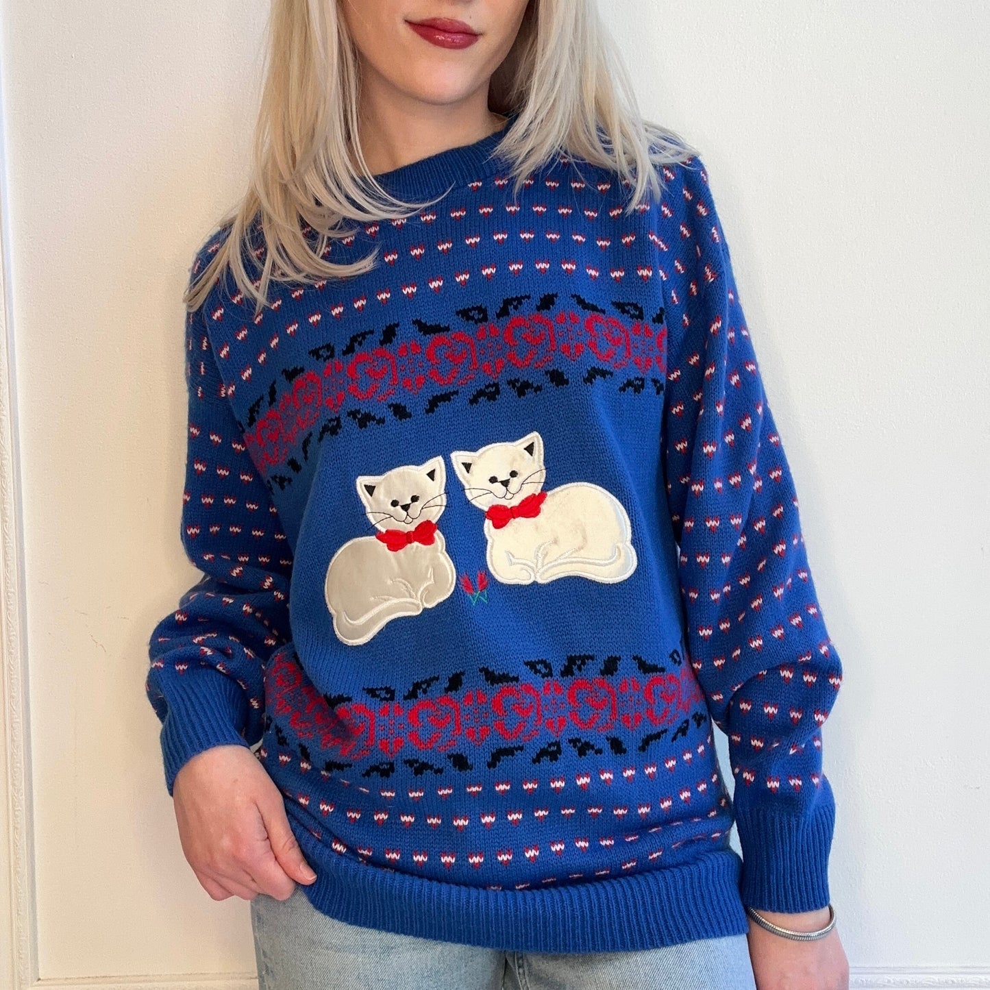 80s Cat Sweater Deadstock New With Tags Blue Red