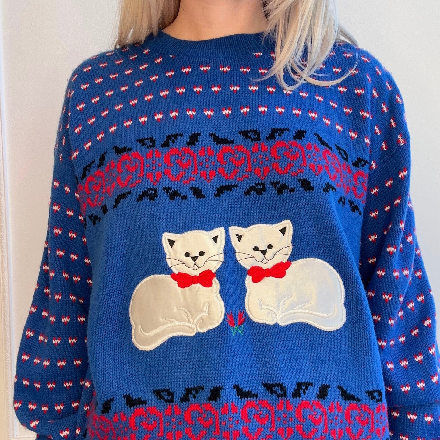 80s Cat Sweater Deadstock New With Tags Blue Red