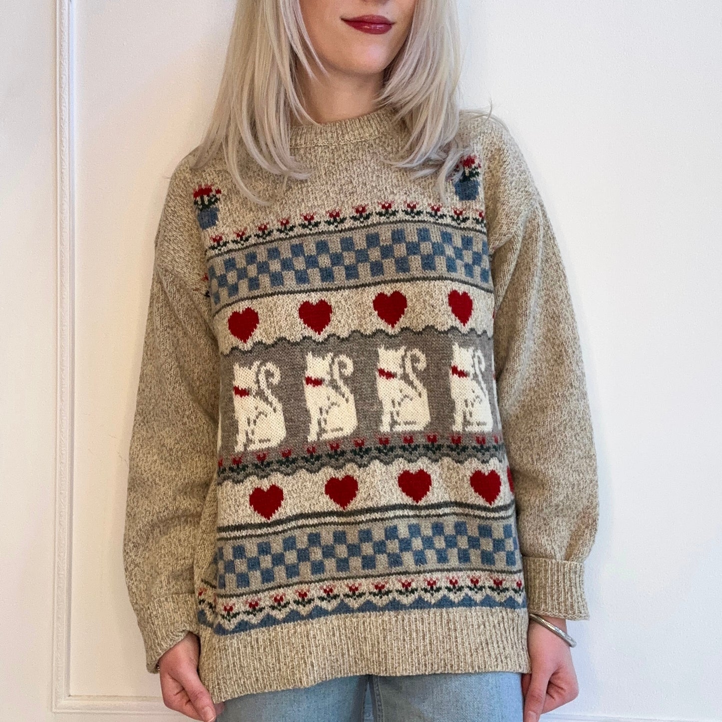 80s Eddie Bauer Cat Hearts Flowers Checkerboard Sweater